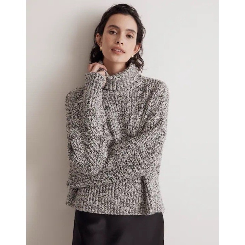 Madewell Marled Wide Rib Knit‎ Black White Turtleneck Sweater Size Medium
